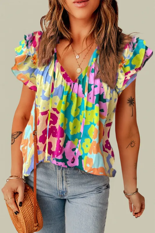 Ruffled Printed Tie Neck Cap Sleeve Blouse sold by Charming Charlie