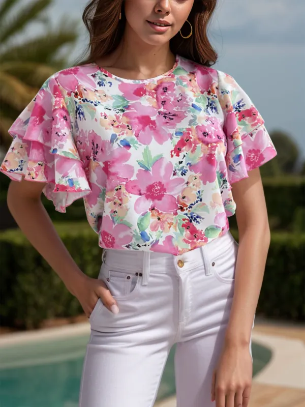 Floral Round Neck Flutter Sleeve Blouse sold by Charming Charlie