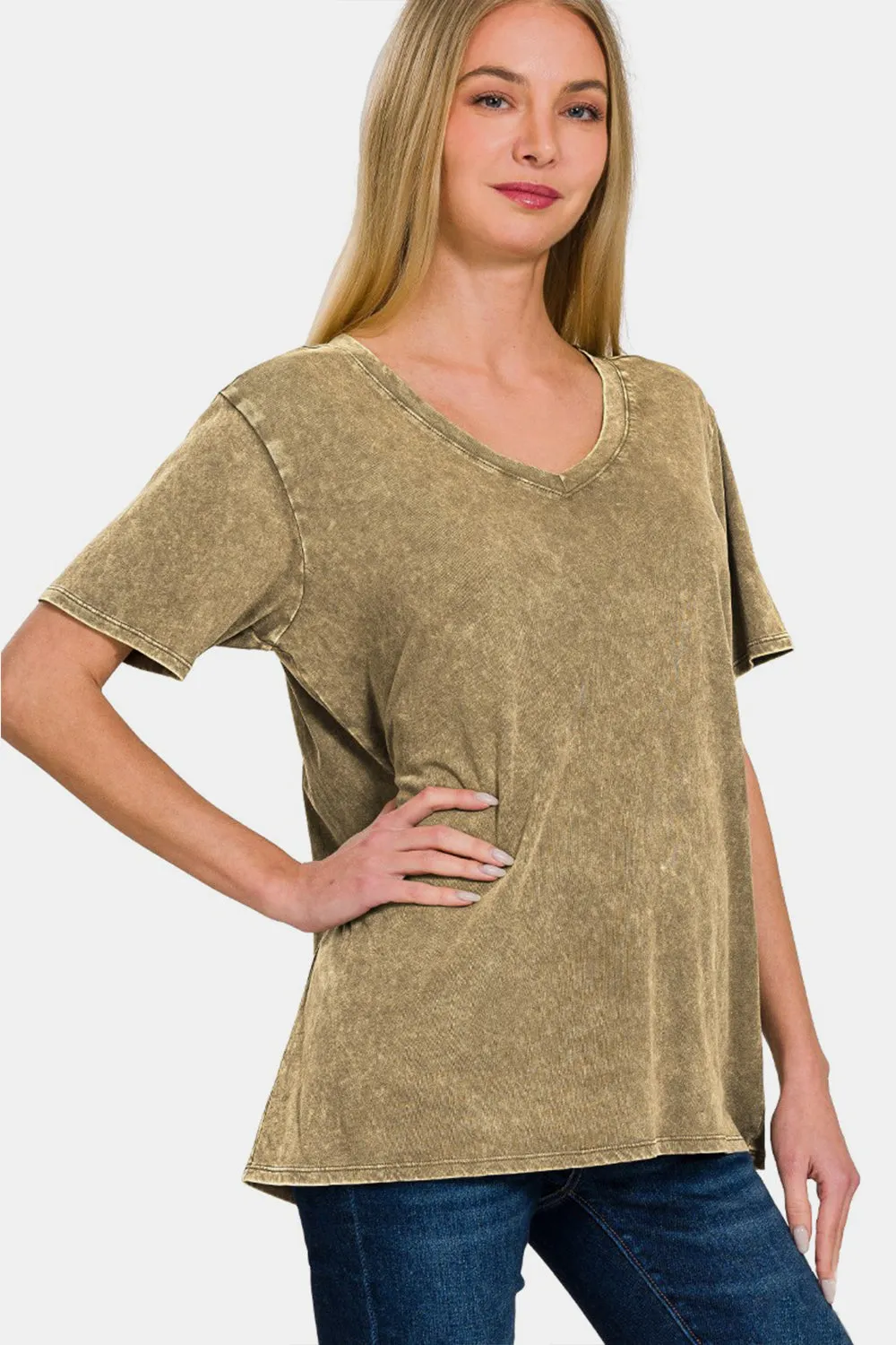 Zenana Washed Short Sleeve V-Neck T-Shirt sold by Charming Charlie product image thumbnail 3