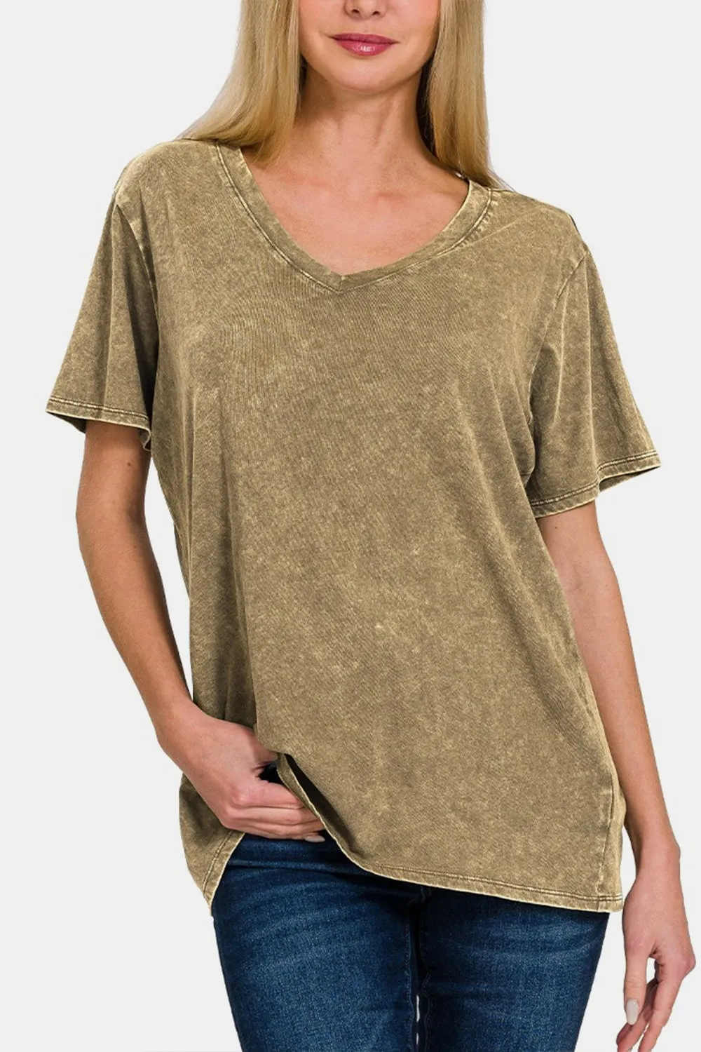 Zenana Washed Short Sleeve V-Neck T-Shirt sold by Charming Charlie