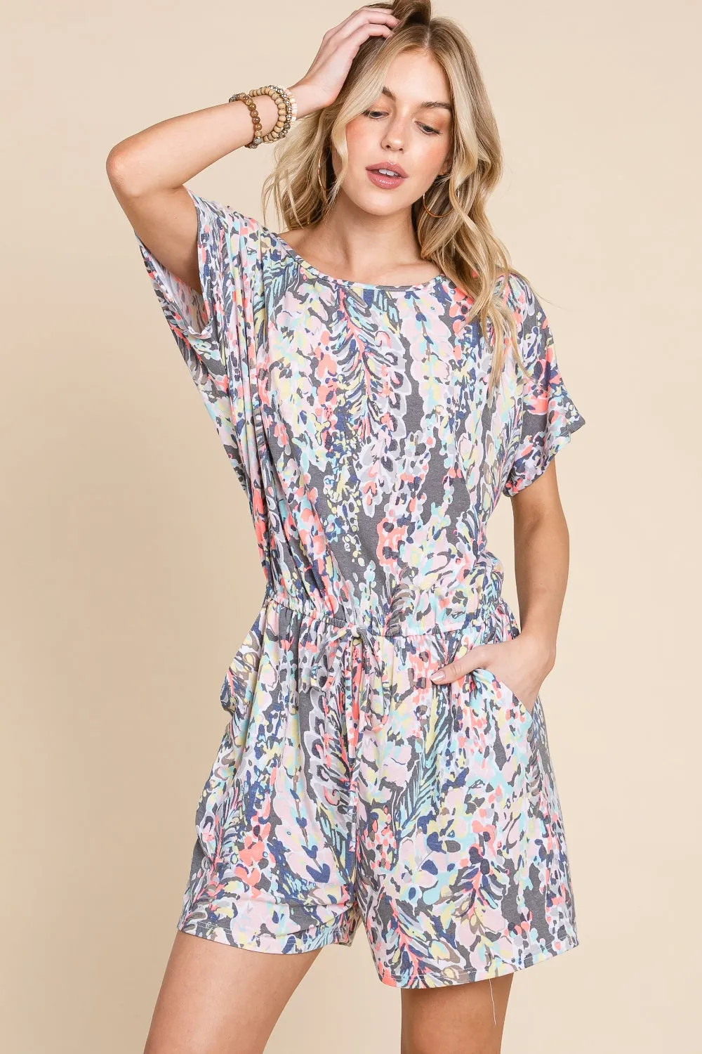 BOMBOM Printed Short Sleeve Drawstring Romper sold by Charming Charlie product image thumbnail 3