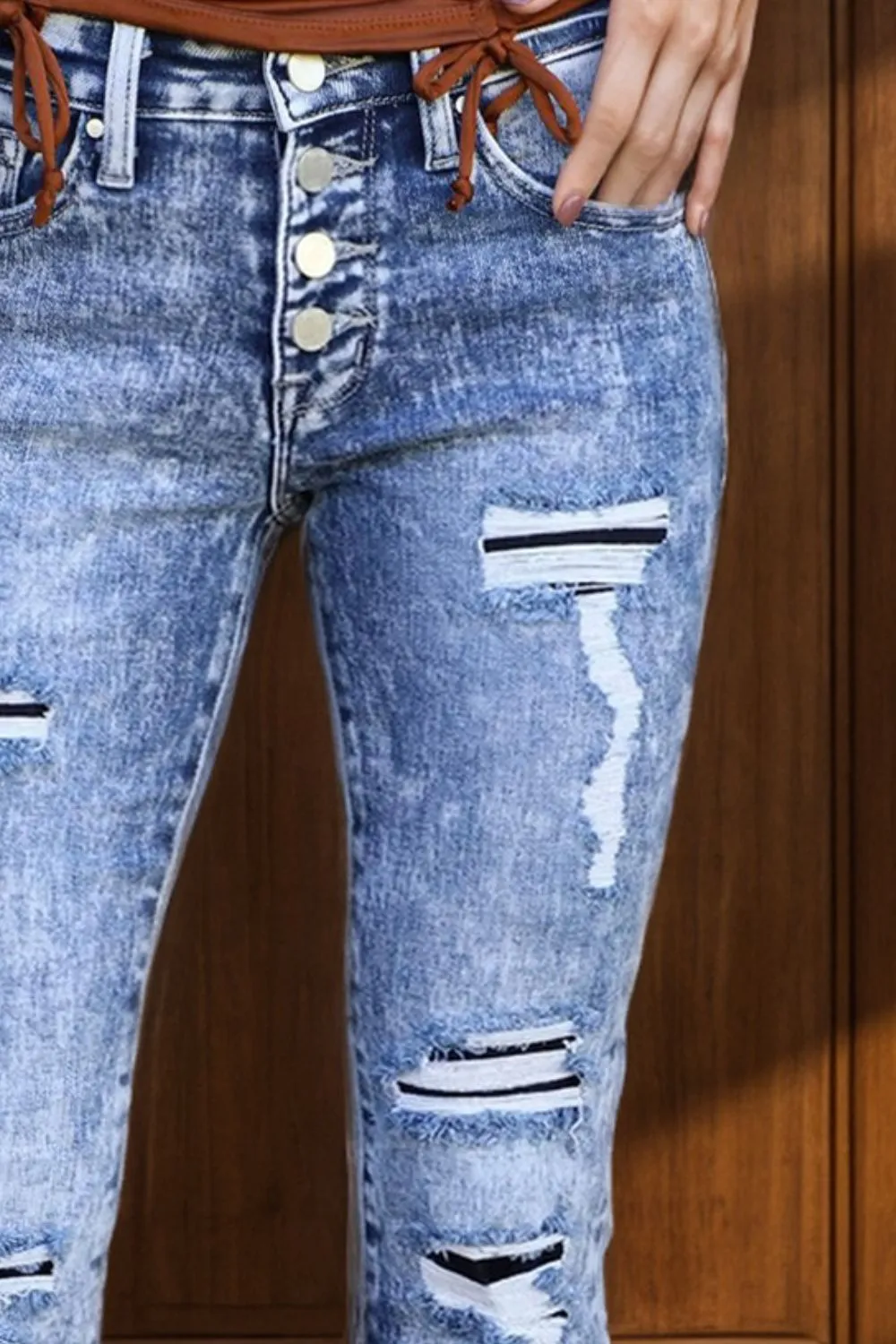 Distressed Button-Fly Bootcut Jeans with Pockets sold by Charming Charlie product image thumbnail 3