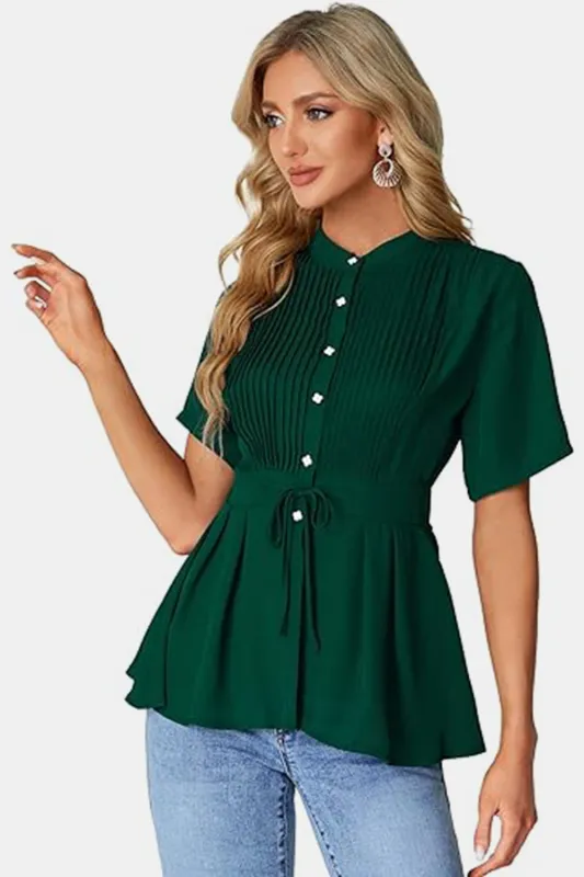 Tied Round Neck Short Sleeve Blouse sold by Charming Charlie