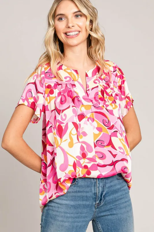 Cotton Bleu by Nu Label Abstract Print Short Sleeve Top sold by Charming Charlie