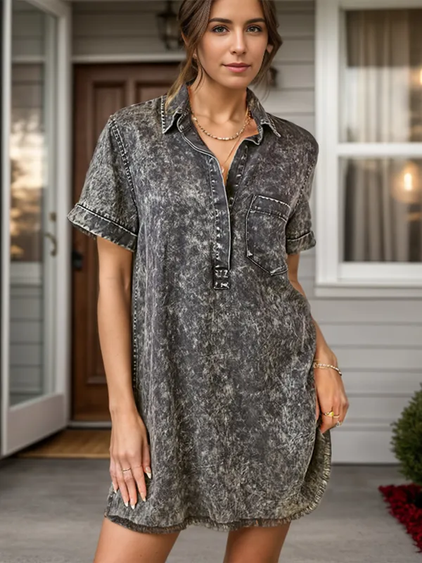 Pocketed Collared Neck Short Sleeve Denim Dress sold by Charming Charlie