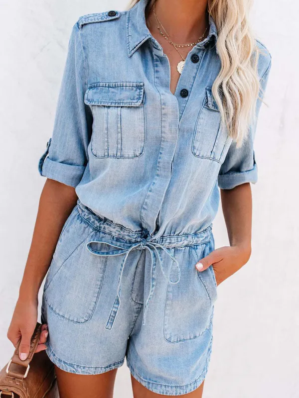 Drawstring Half Button Half Sleeve Denim Romper sold by Charming Charlie