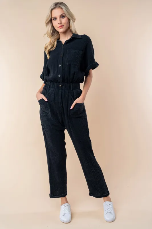 White Birch Texture Short Sleeve Jumpsuit sold by Charming Charlie
