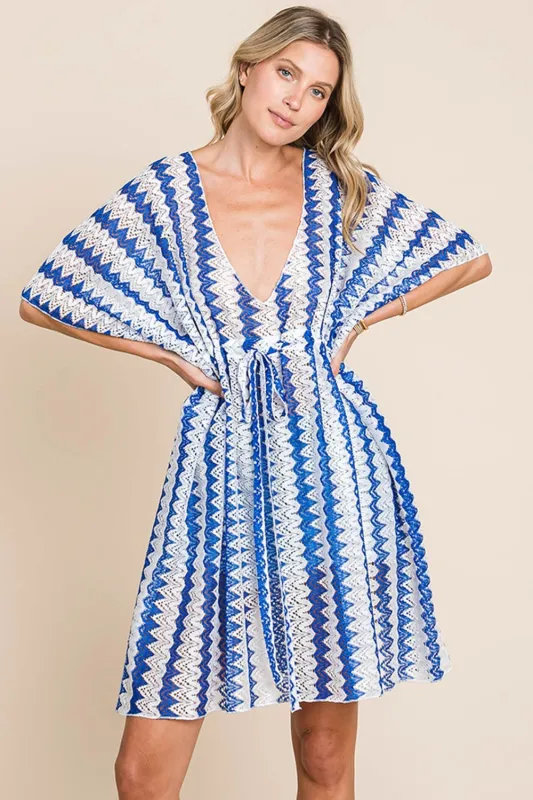 Cotton Bleu by Nu Lab Tied Striped Plunge Half Sleeve Cover-Up sold by Charming Charlie