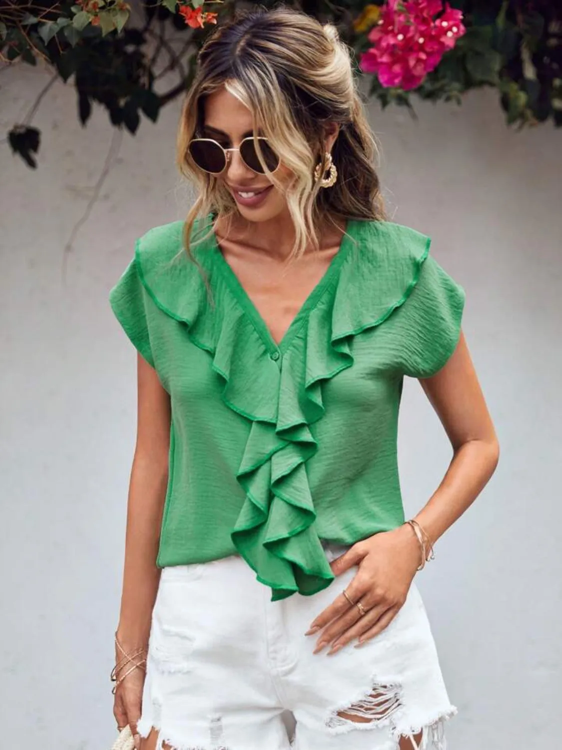 Ruffled V-Neck Short Sleeve Blouse sold by Charming Charlie product image thumbnail 4