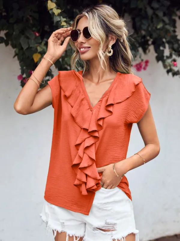 Ruffled V-Neck Short Sleeve Blouse sold by Charming Charlie