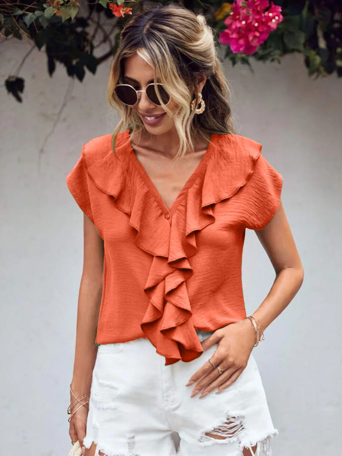 Ruffled V-Neck Short Sleeve Blouse sold by Charming Charlie product image thumbnail 3