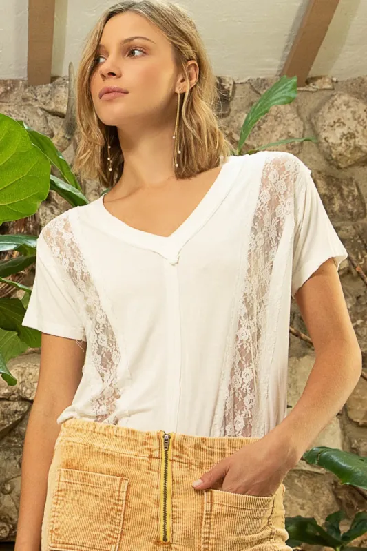 POL Inset Lace Outseam Detail Short Sleeve V-Neck T-Shirt sold by Charming Charlie