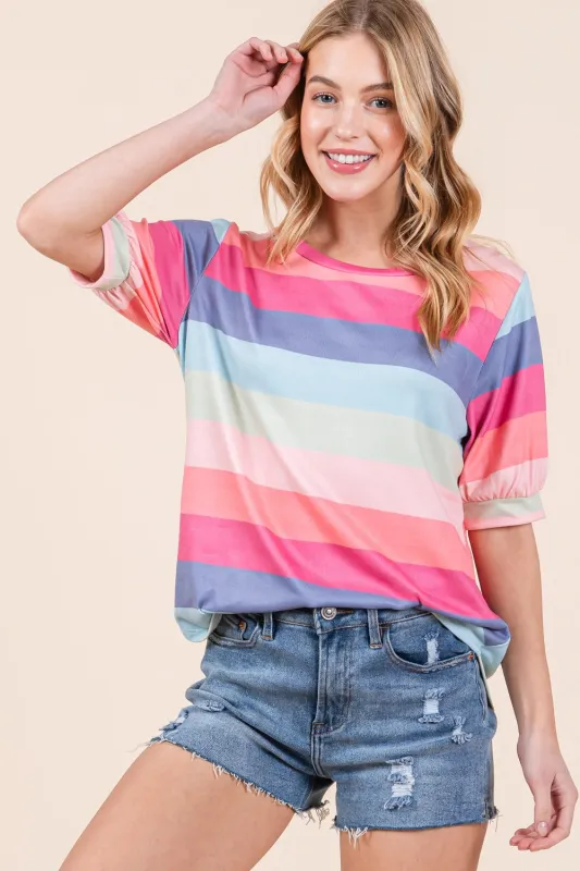 BOMBOM Striped Round Neck Half Sleeve T-Shirt sold by Charming Charlie