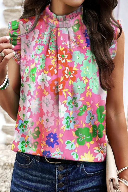 Ruffled Printed Mock Neck Cap Sleeve Blouse sold by Charming Charlie