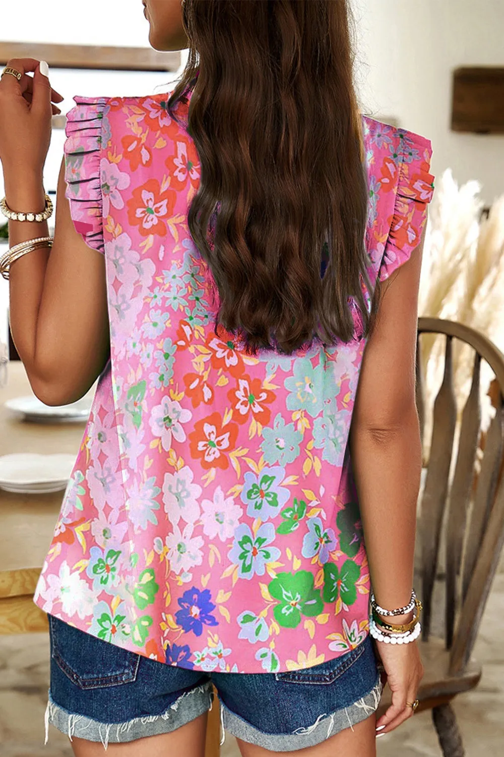 Ruffled Printed Mock Neck Cap Sleeve Blouse sold by Charming Charlie product image thumbnail 2