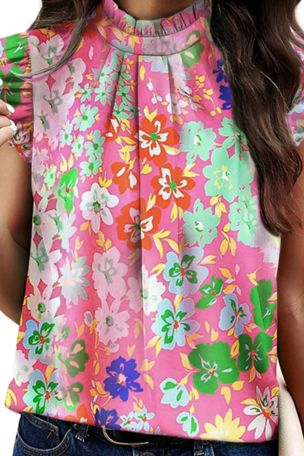 Ruffled Printed Mock Neck Cap Sleeve Blouse sold by Charming Charlie product image thumbnail 3