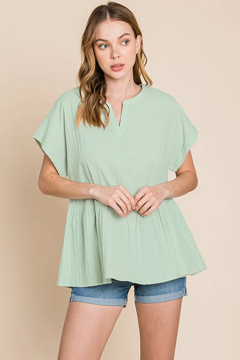 Cotton Bleu by Nu Lab Ruched Notched Short Sleeve Blouse sold by Charming Charlie product image thumbnail 4
