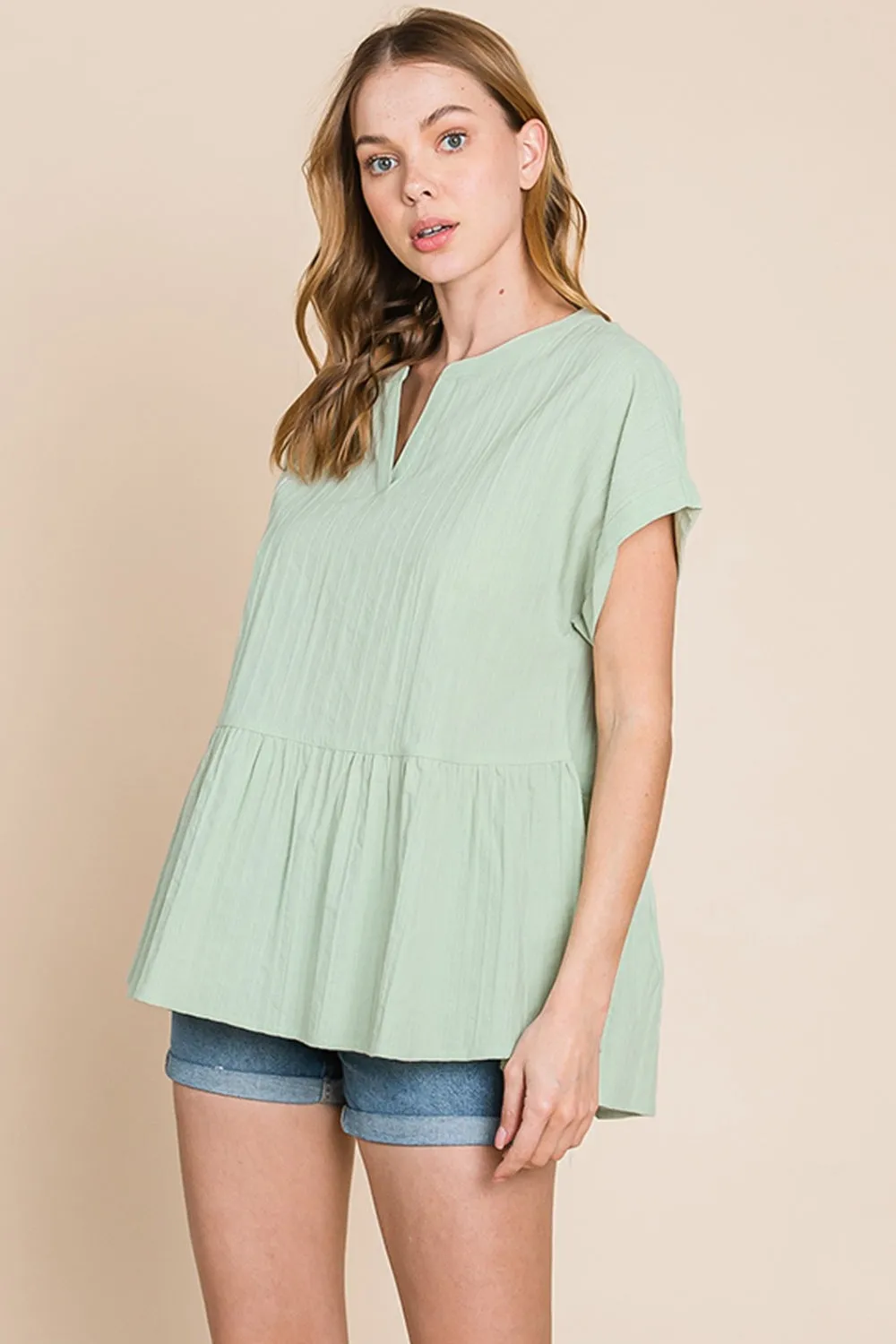 Cotton Bleu by Nu Lab Ruched Notched Short Sleeve Blouse sold by Charming Charlie
