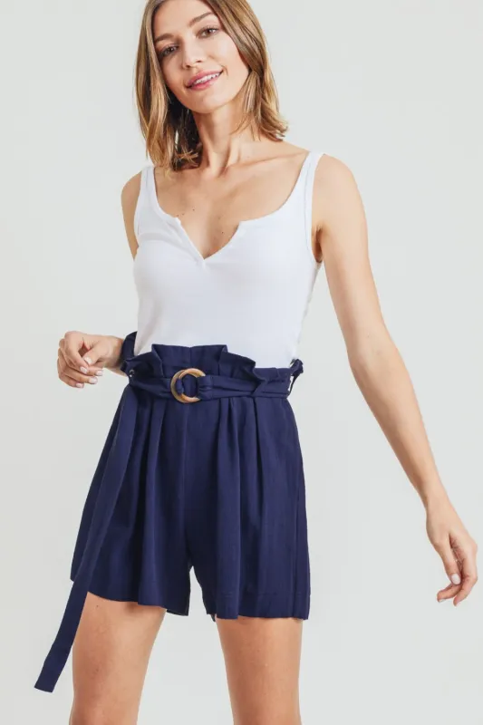 Cotton Bleu by Nu Label Buckle Belt Cotton Linen Shorts sold by Charming Charlie