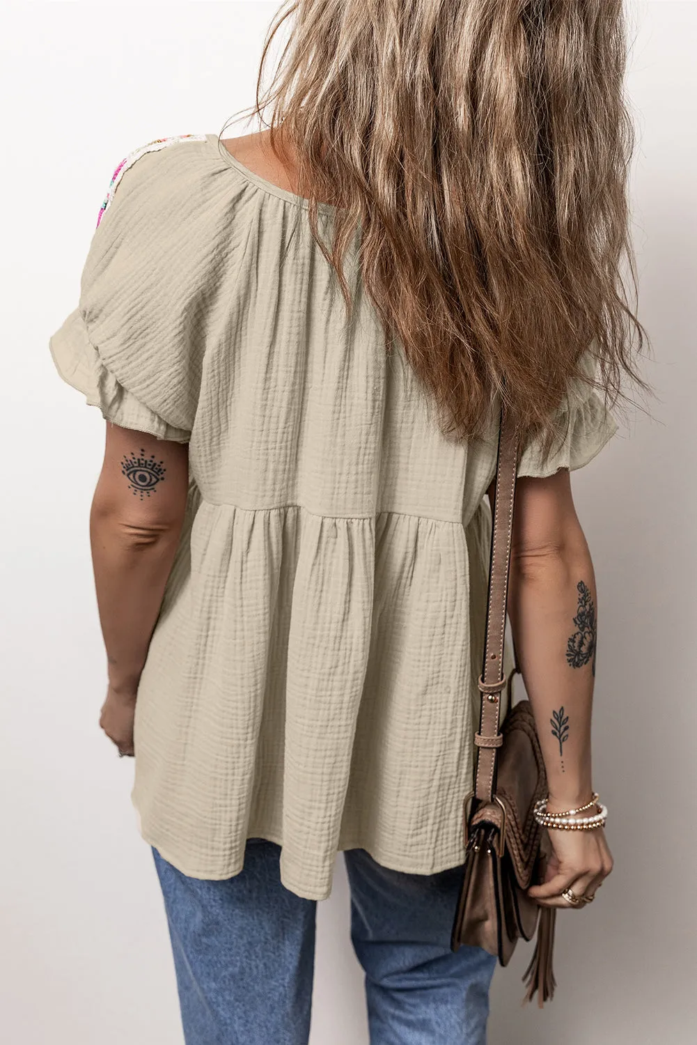 Embroidered Tie Neck Short Sleeve Blouse sold by Charming Charlie product image thumbnail 3