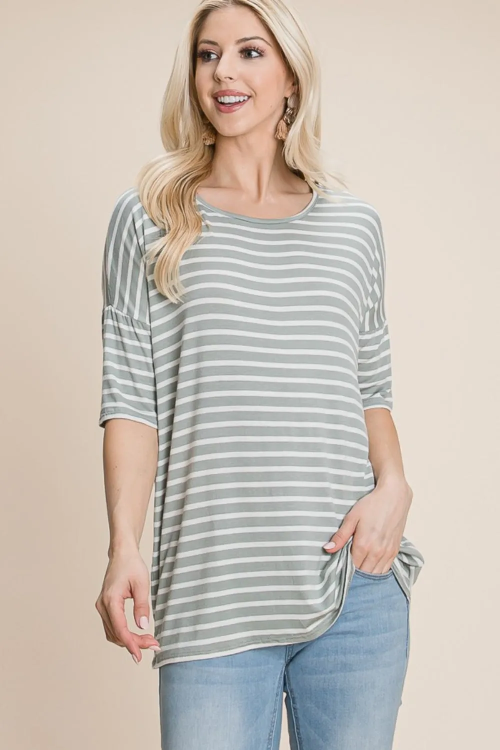 BOMBOM Striped Round Neck T-Shirt sold by Charming Charlie