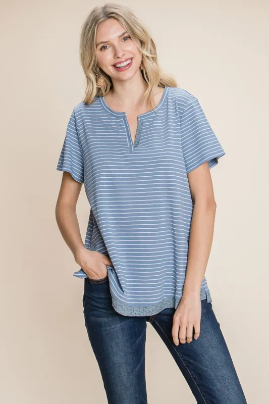 Cotton Bleu by Nu Lab Slit Striped Notched Short Sleeve T-Shirt sold by Charming Charlie