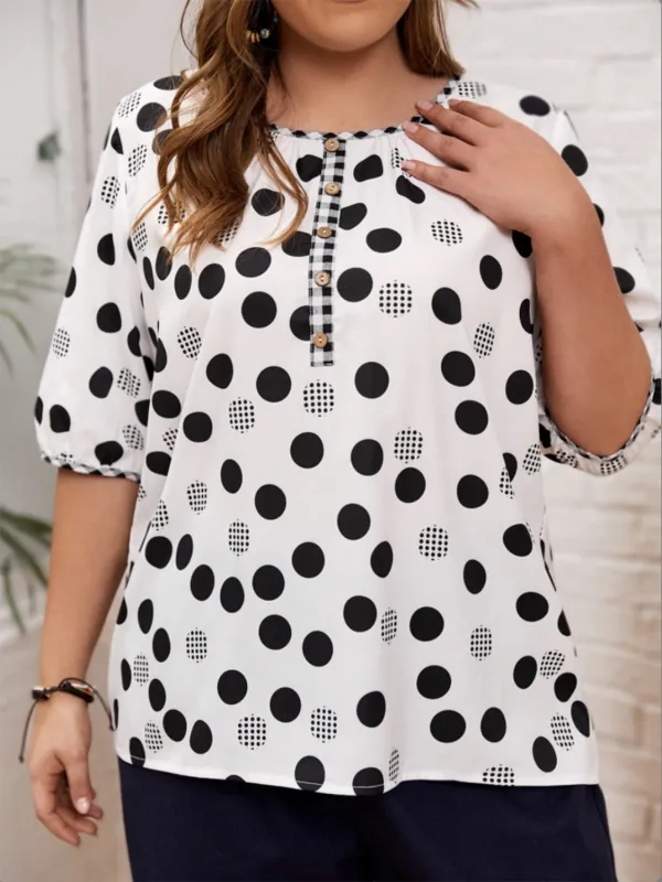 Plus Size Polka Dot Round Neck Half Sleeve Blouse sold by Charming Charlie