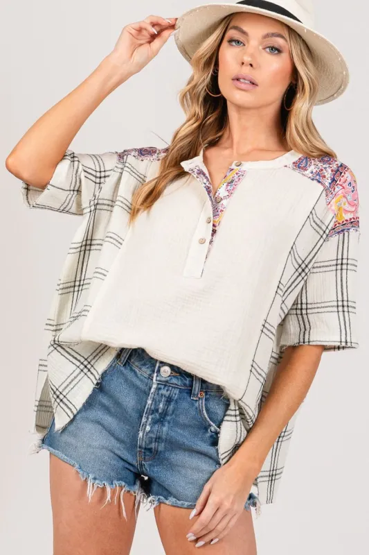 SAGE + FIG Plaid Half Button Gauze Top sold by Charming Charlie