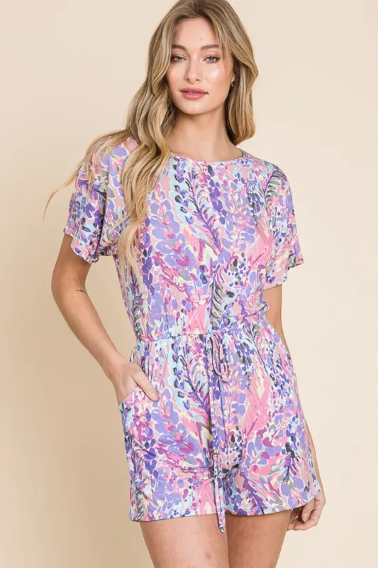 BOMBOM Print Short Sleeve Romper with Pockets sold by Charming Charlie