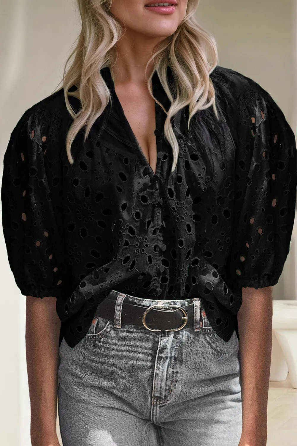 Eyelet Button Up Half Sleeve Blouse sold by Charming Charlie