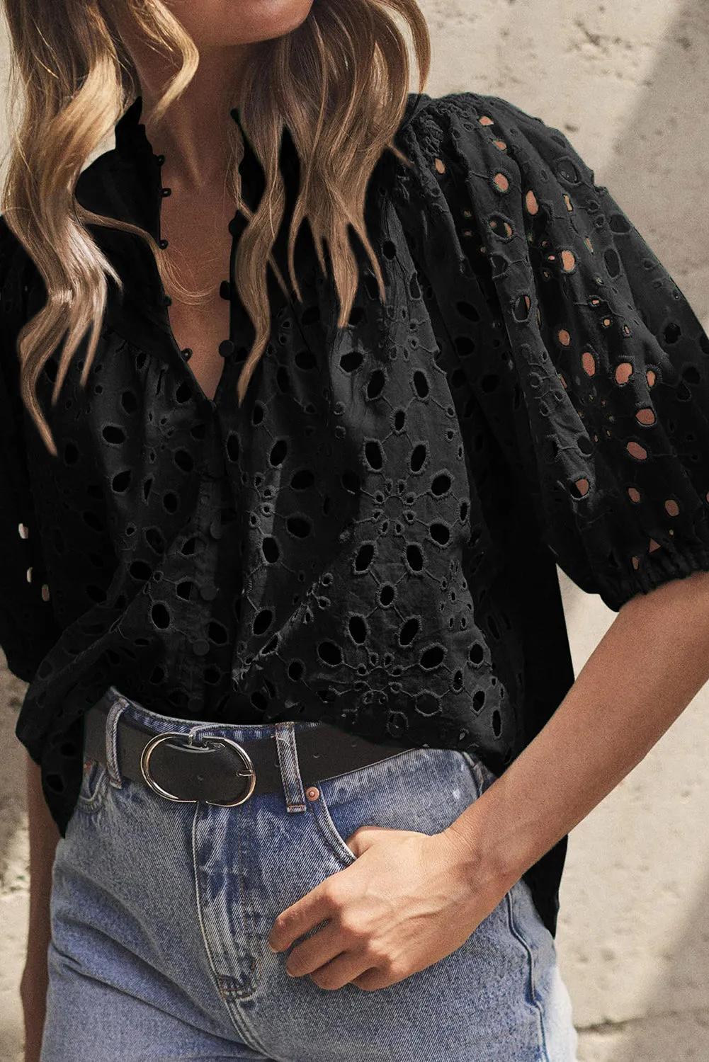 Eyelet Button Up Half Sleeve Blouse sold by Charming Charlie product image thumbnail 2