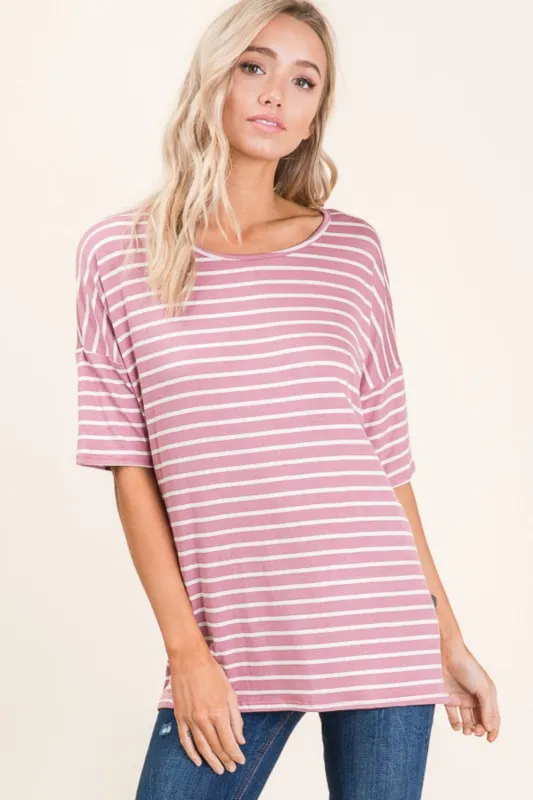 BOMBOM Striped Round Neck Half Sleeve T-Shirt sold by Charming Charlie