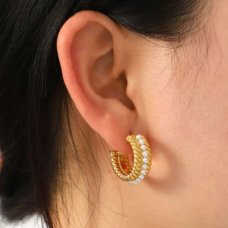 Stainless Steel Pearl C-Hoop Earrings sold by Charming Charlie