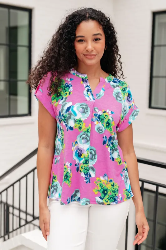 Lizzy Cap Sleeve Top in Coral and Blue Floral sold by Charming Charlie