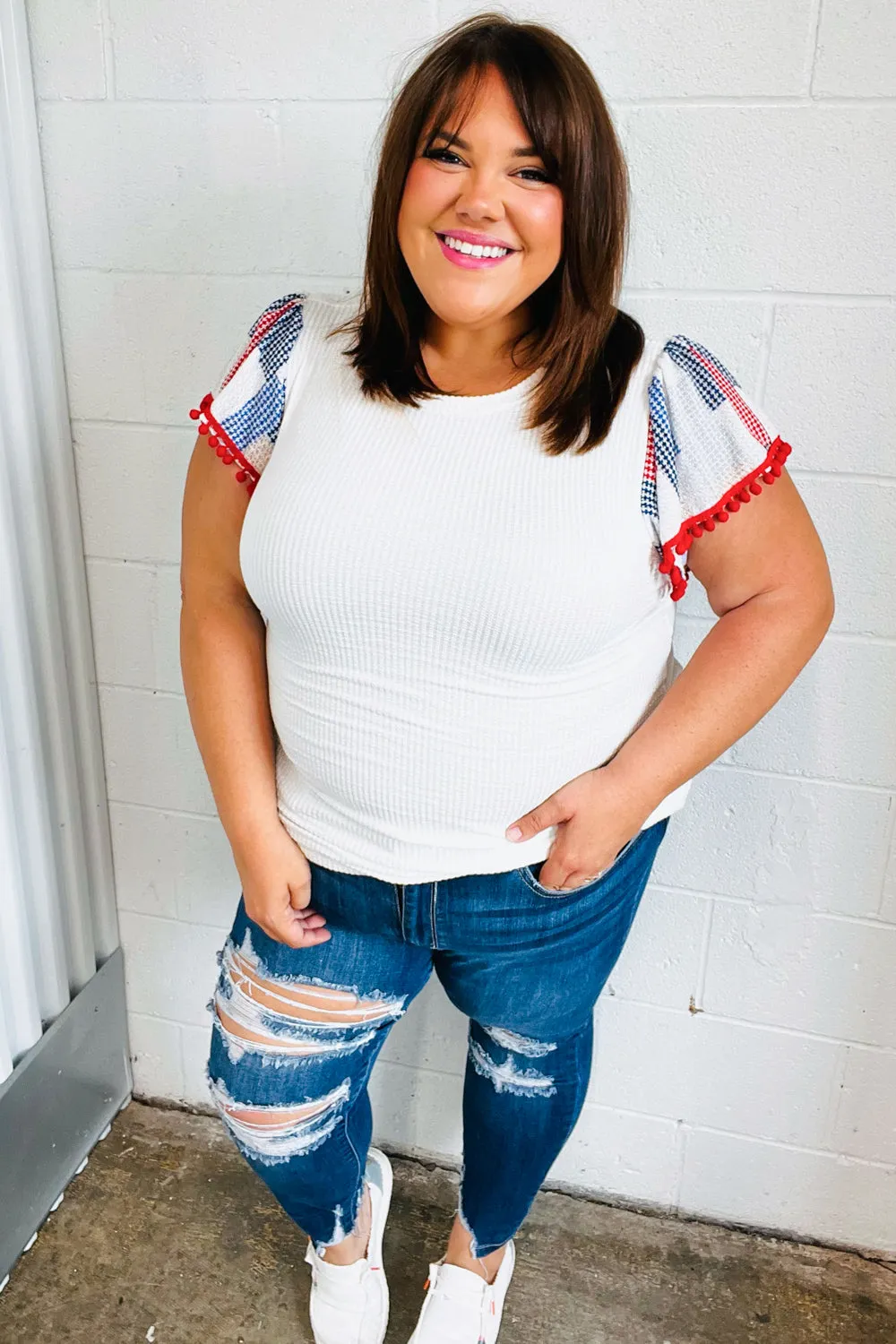 Patriotic Pom Pom Lace Flutter Sleeve Top sold by Charming Charlie product image thumbnail 3