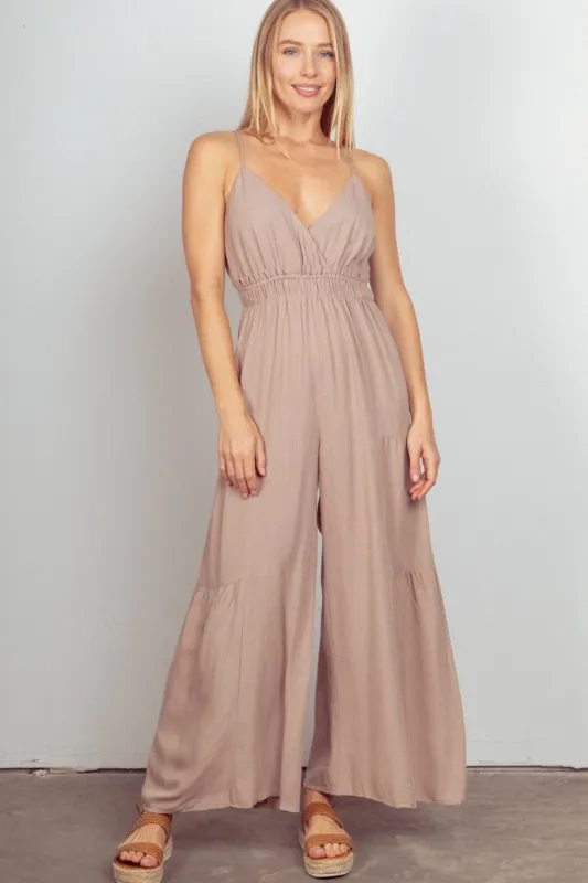 VERY J Sleeveless Ruched Wide Leg Jumpsuit sold by Charming Charlie