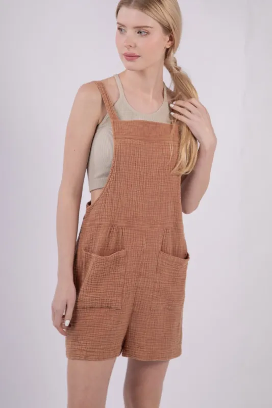 VERY J Sleeveless Double Gauze Overalls with Pockets sold by Charming Charlie