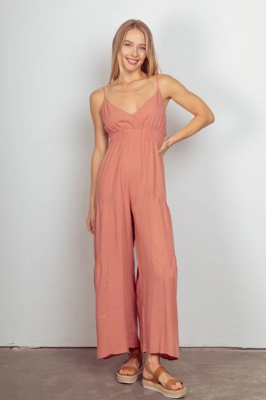 VERY J Sleeveless Ruched Wide Leg Jumpsuit sold by Charming Charlie