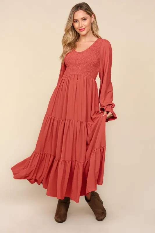 Smocking Maxi Woven Dress with Side Pockets in Marsala sold by Charming Charlie