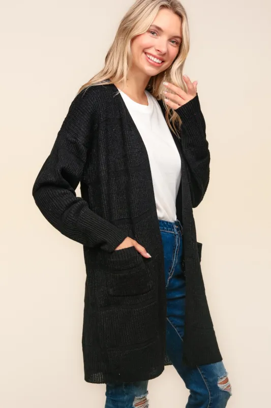 Stripe Textured Open Cardigan with Pockets in Black sold by Charming Charlie