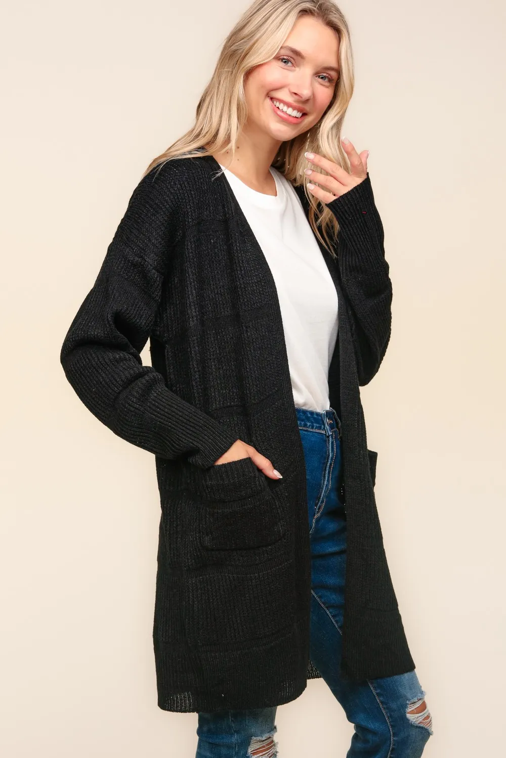 Stripe Textured Open Cardigan with Pockets in Black sold by Charming Charlie