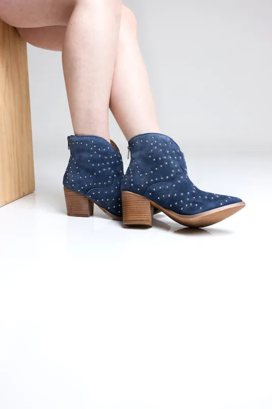 Twilight Studded Heeled Ankle Boot in Denim sold by Charming Charlie