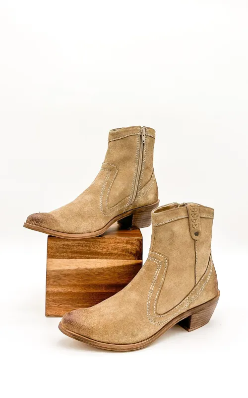 Smithy Suede Ankle Boot in Tan sold by Charming Charlie
