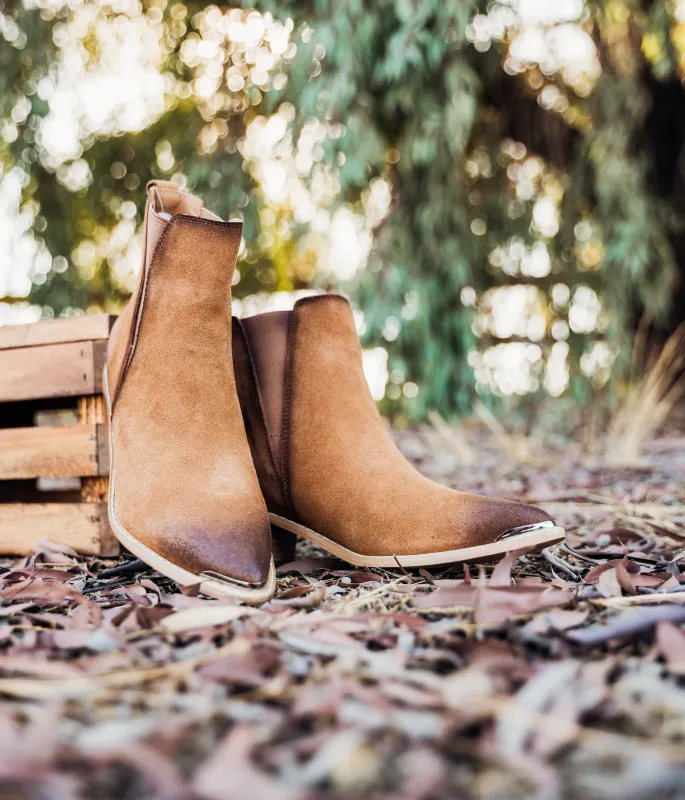 Wylie Suede Ankle Boot in Tan sold by Charming Charlie
