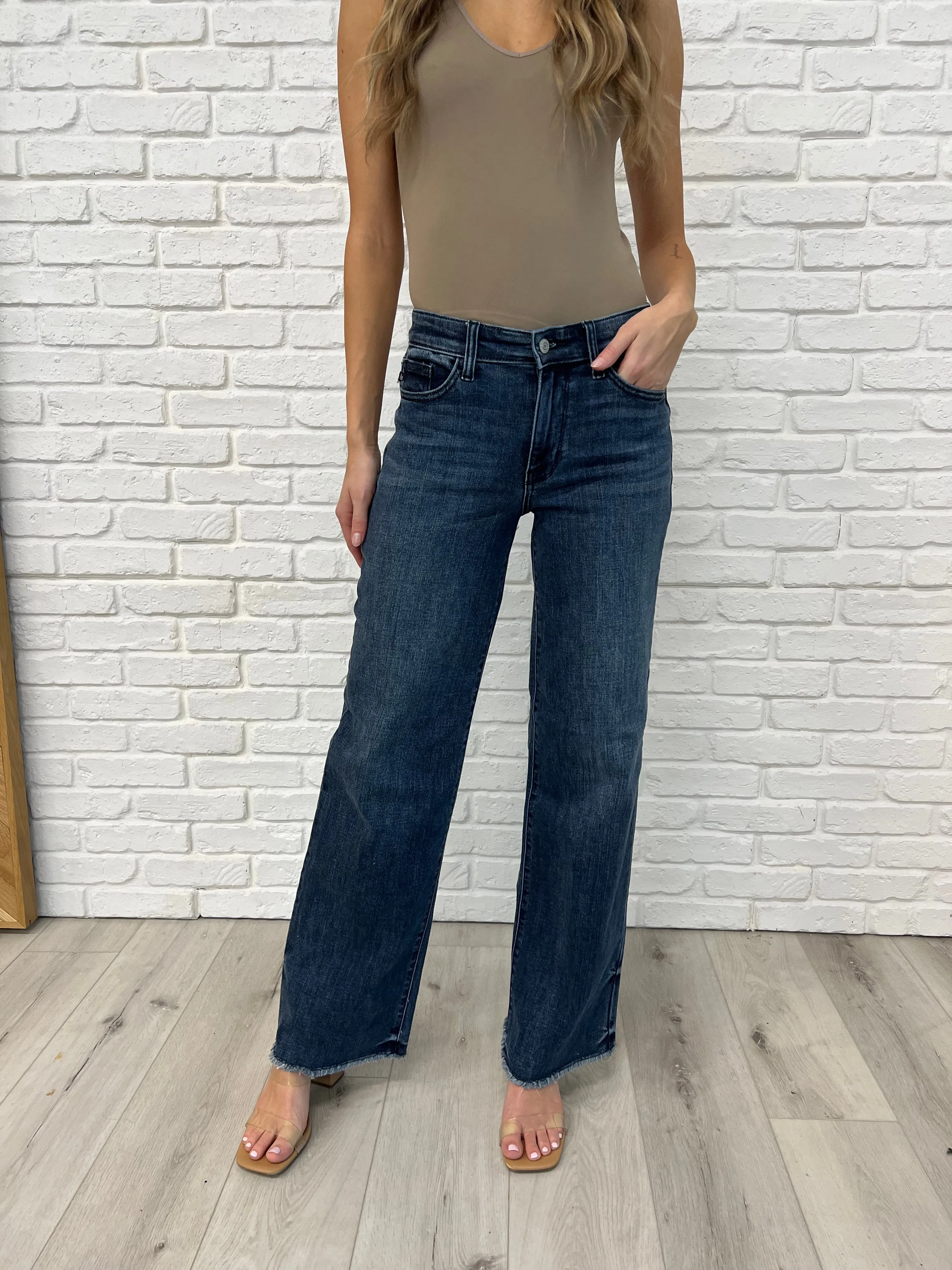 Addie Mid Rise Vintage Wash Wide Leg Jeans sold by Charming Charlie