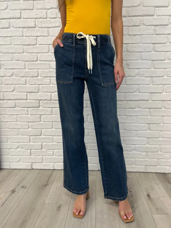 Melanie High Rise Drawstring Wide Leg Jeans sold by Charming Charlie