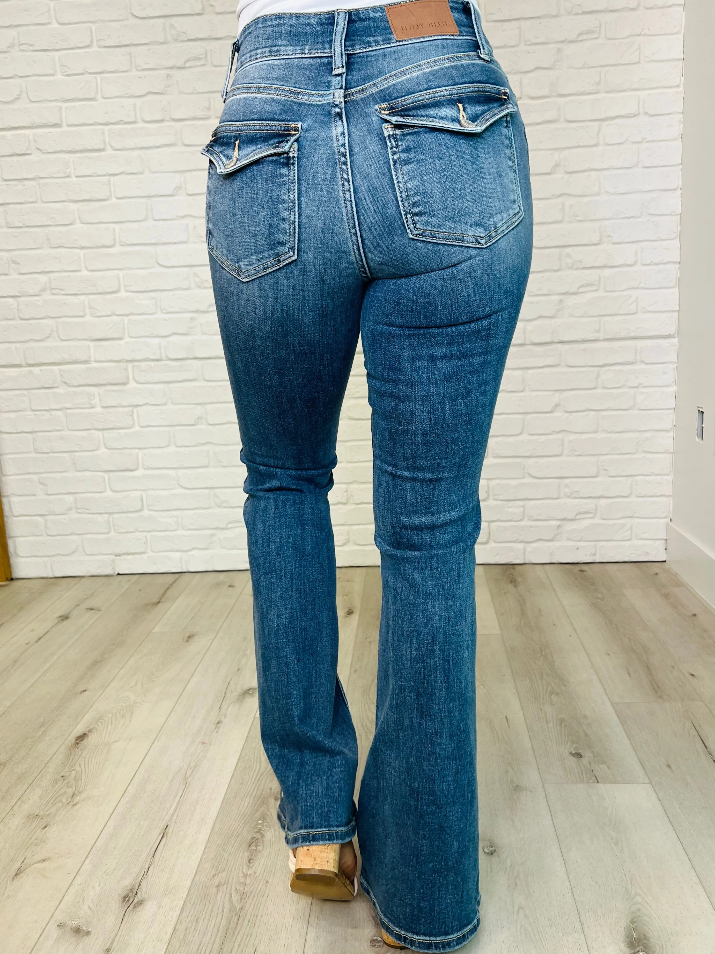 Ariana High Rise Double Button Waistband Flare Jeans sold by Charming Charlie product image thumbnail 5