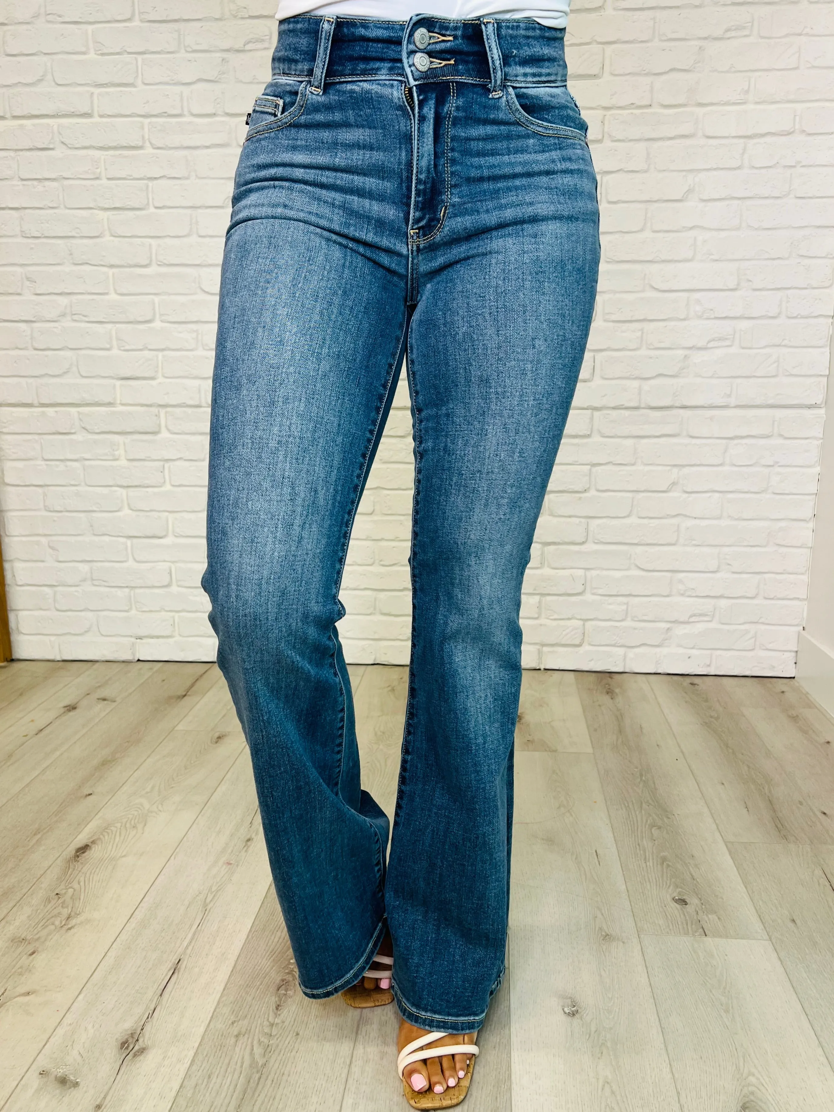 Ariana High Rise Double Button Waistband Flare Jeans sold by Charming Charlie product image thumbnail 4