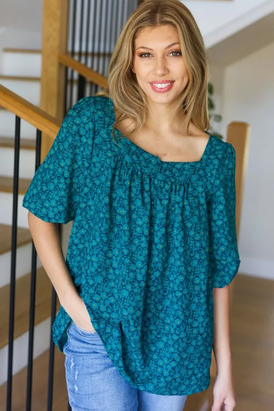 Perfectly You Teal Floral Three Quarter Sleeve Square Neck Top sold by Charming Charlie