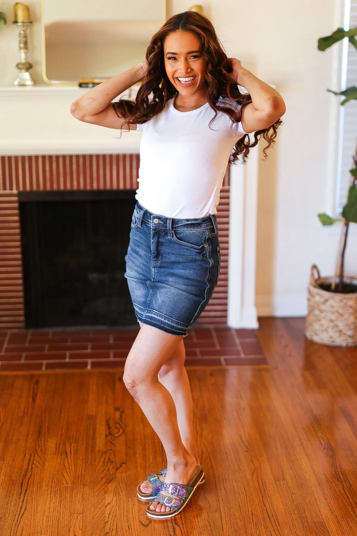 Judy Blue Dark Blue High Waist Release Hem Skirt sold by Charming Charlie product image thumbnail 5